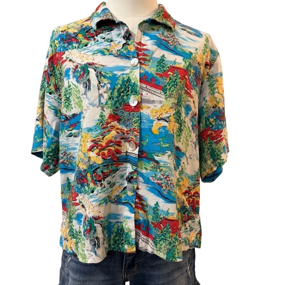 Japanese Toile Pagoda Scenic Print Button Up Shirt L 90s Art-to-Wear Vacation